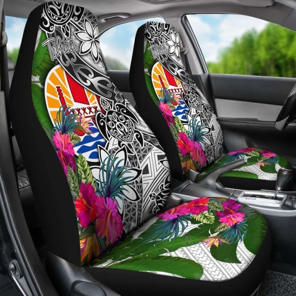 Tahiti Car Seat Covers White - Turtle Plumeria Banana Leaf -