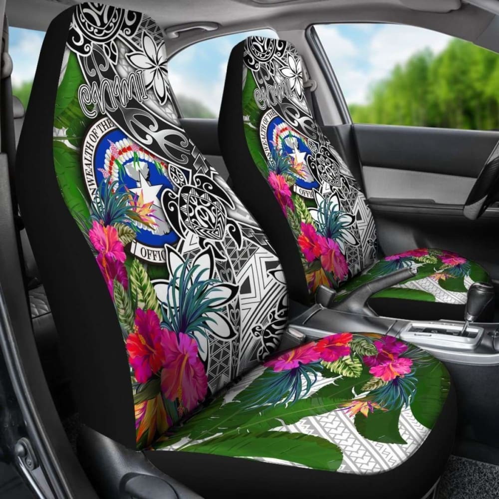 Northern Mariana Islands Car Seat Covers White - Turtle Plumeria Banana Leaf -