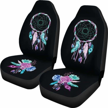 Dreamcatcher Car Seat Covers Black With Teal, Purple And Blue Boho Flower Design