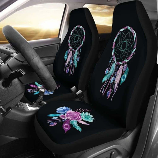 Dreamcatcher Car Seat Covers Black With Teal, Purple And Blue Boho Flower Design