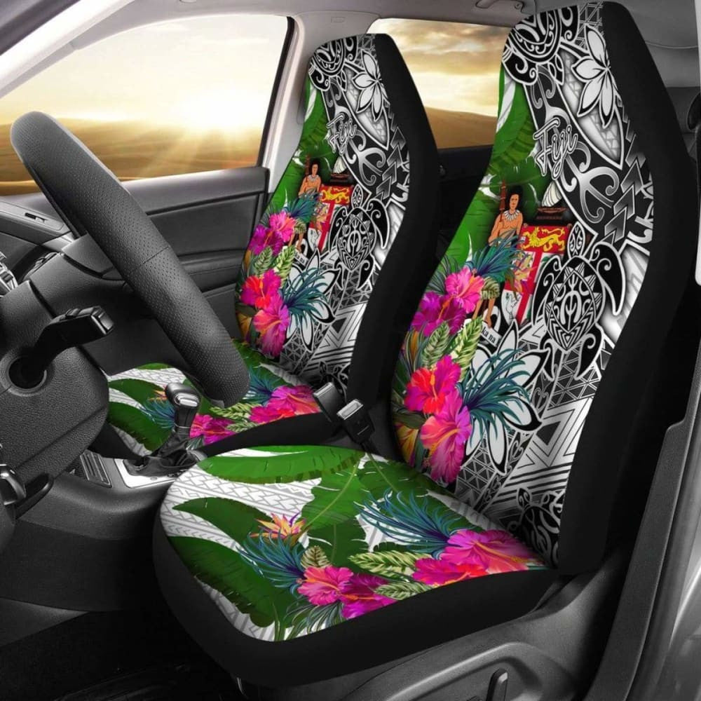 Fiji Car Seat Covers White - Turtle Plumeria Banana Leaf Crest -