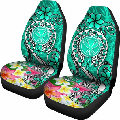 Hawaii Car Seat Covers - Turtle Plumeria Polynesian Tattoo Turquoise Color -