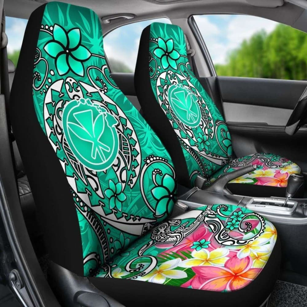 Hawaii Car Seat Covers - Turtle Plumeria Polynesian Tattoo Turquoise Color -