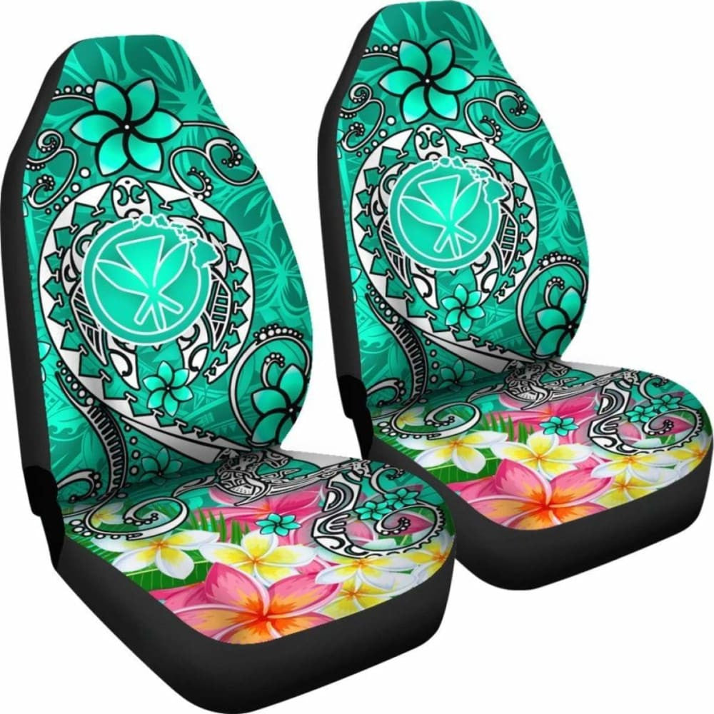 Hawaii Car Seat Covers - Turtle Plumeria Polynesian Tattoo Turquoise Color -
