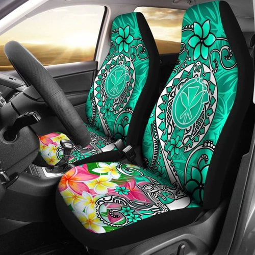 Hawaii Car Seat Covers - Turtle Plumeria Polynesian Tattoo Turquoise Color -