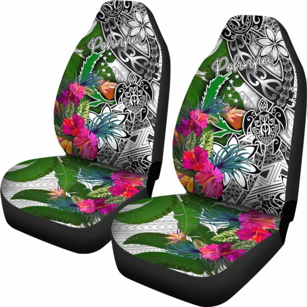 Pohnpei Car Seat Covers White - Turtle Plumeria Banana Leaf -