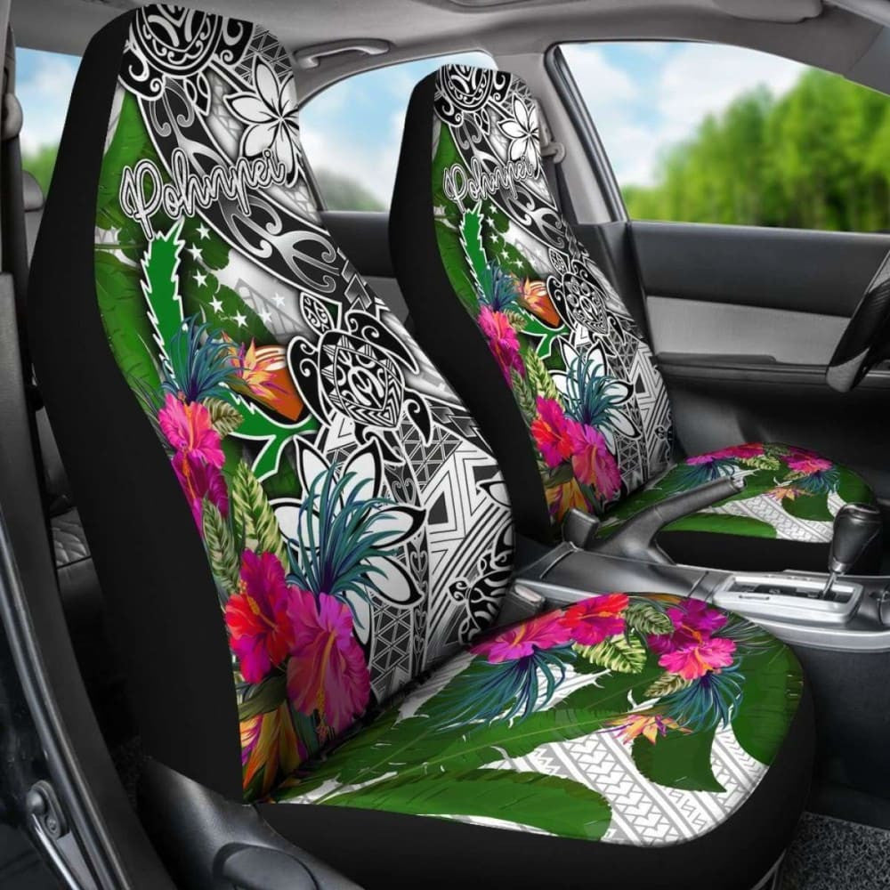 Pohnpei Car Seat Covers White - Turtle Plumeria Banana Leaf -