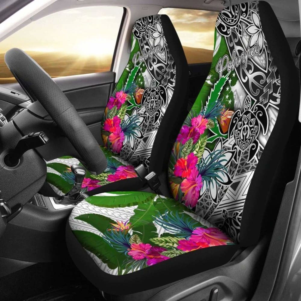 Pohnpei Car Seat Covers White - Turtle Plumeria Banana Leaf -
