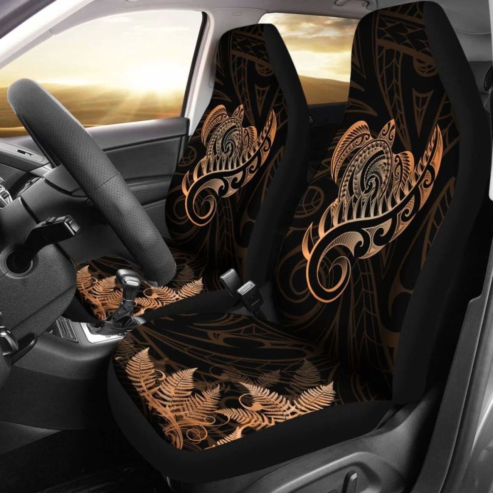 New Zealand Car Seat Covers - Aotearoa Maori Turtle Silver Fern Orange Awesome