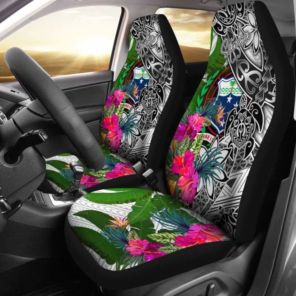 Samoa Car Seat Covers White - Turtle Plumeria Banana Leaf -