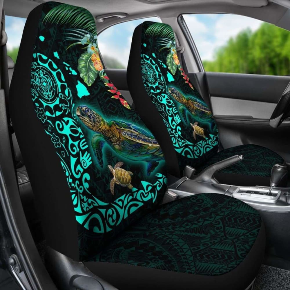 Hawaii Tiki Polynesian Car Seat Cover - Turtle Mix Hibiscus Turquoise Awesome