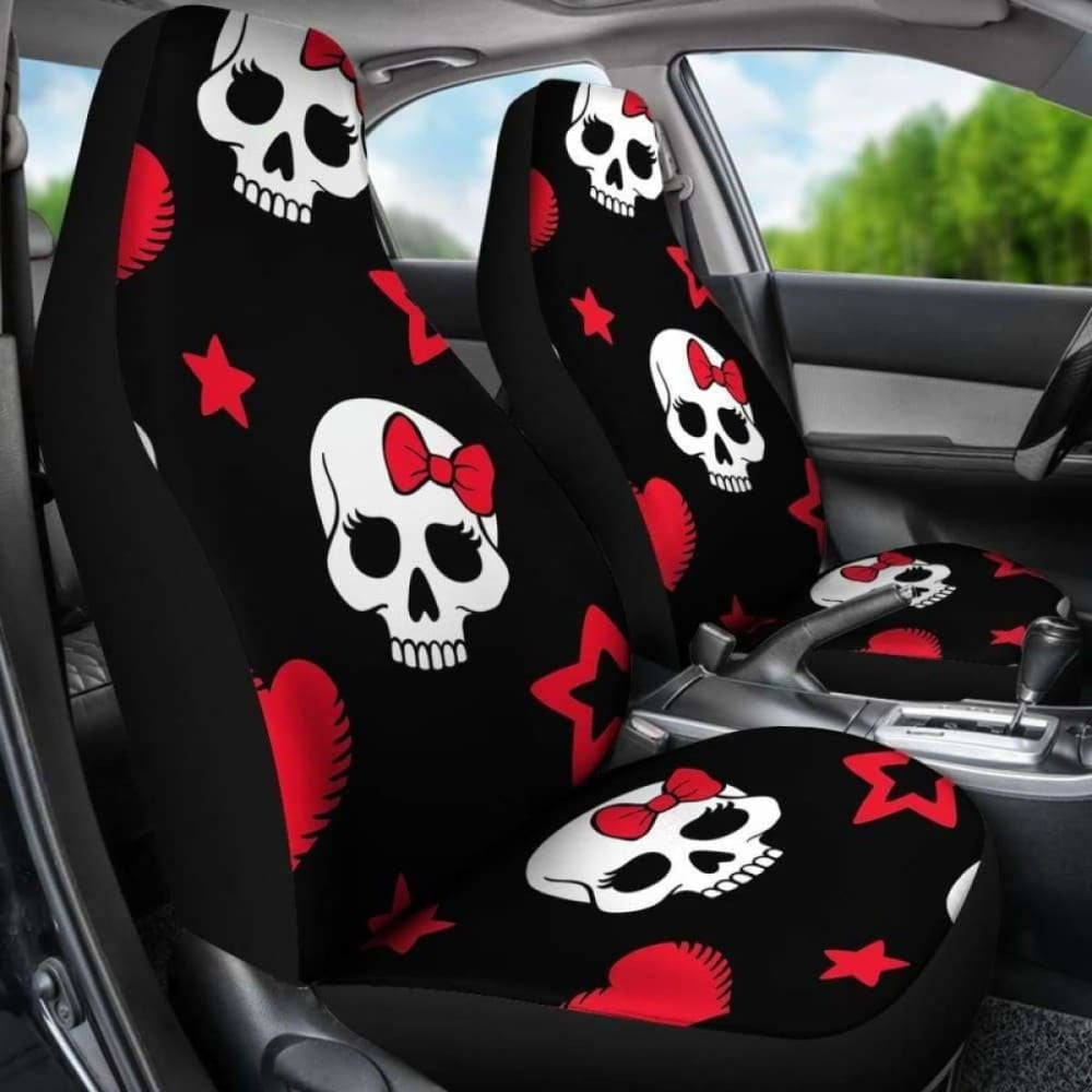 Sugar Skulls Red Black Bow Hearts Micro Fiber Car Seat Covers