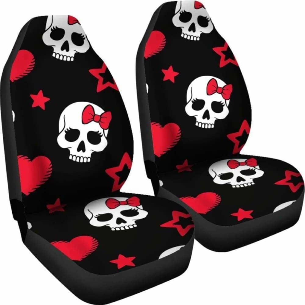 Sugar Skulls Red Black Bow Hearts Micro Fiber Car Seat Covers