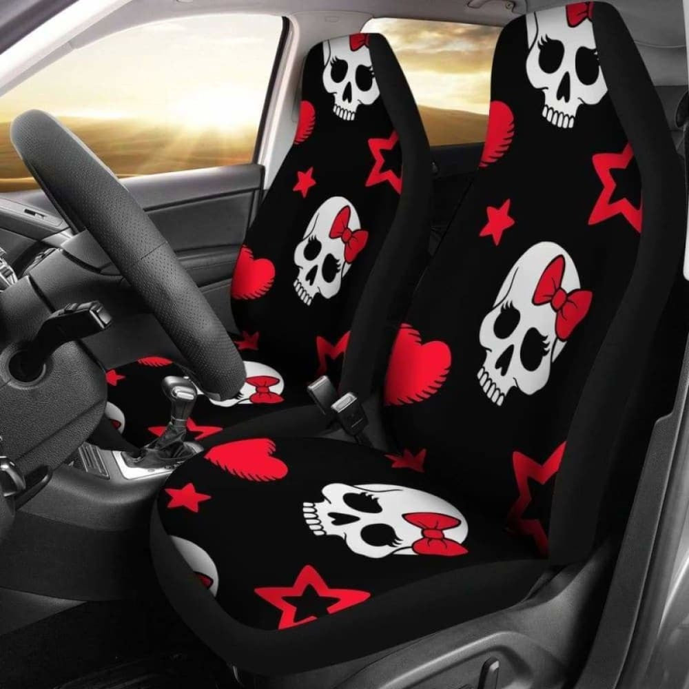Sugar Skulls Red Black Bow Hearts Micro Fiber Car Seat Covers