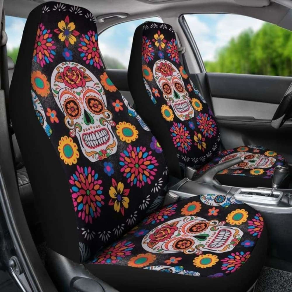 Set Pcs Floral Sugar Skull Day Of The Dead Skull Car Seat Covers