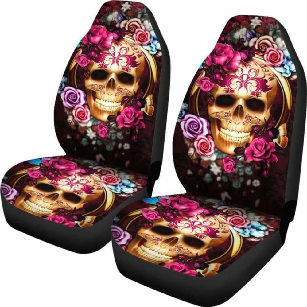 Set Of Floral Beautiful Sugar Skull Car Seat Covers