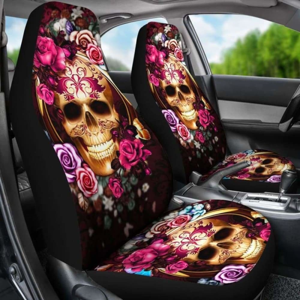 Set Of Floral Beautiful Sugar Skull Car Seat Covers