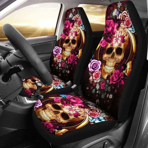 Set Of Floral Beautiful Sugar Skull Car Seat Covers
