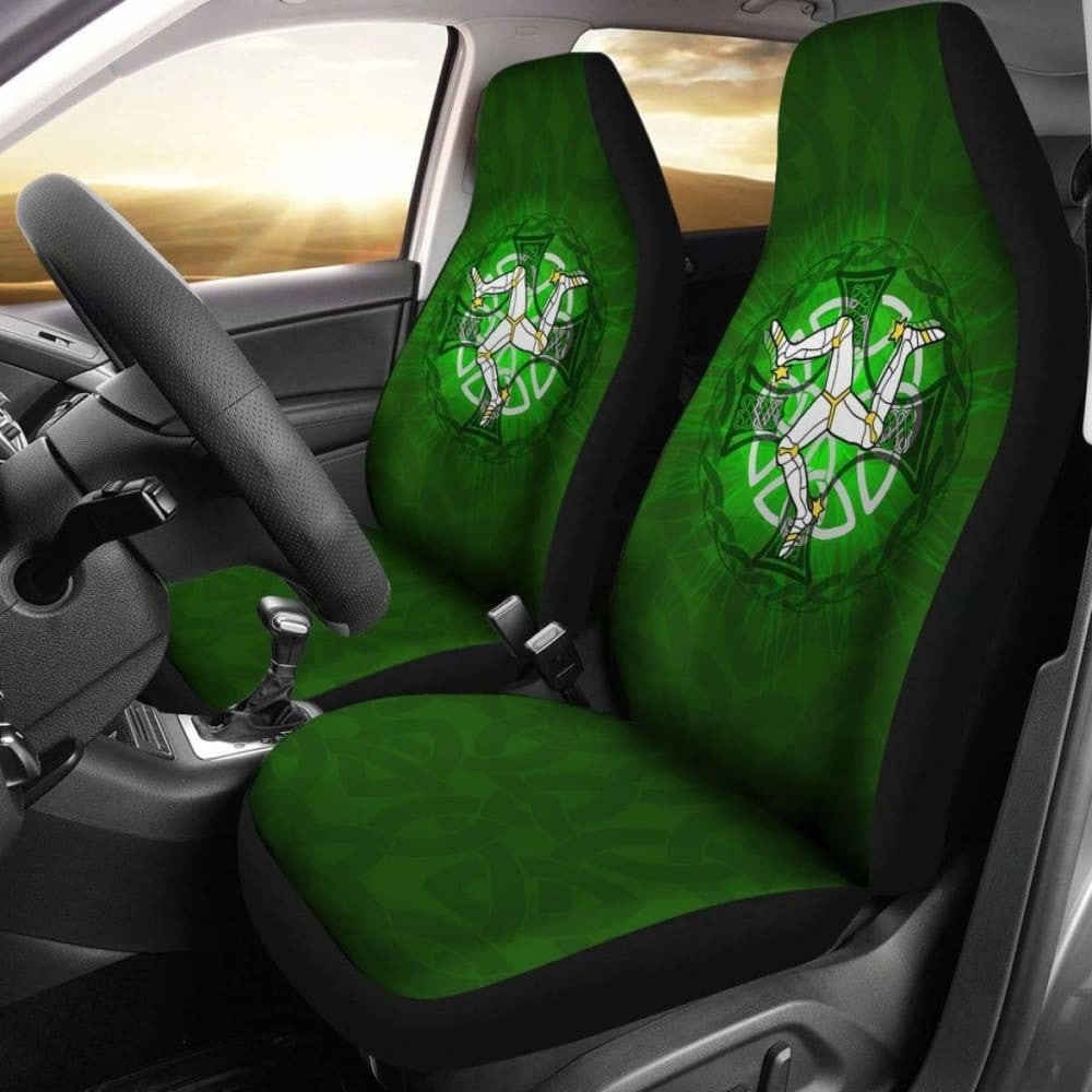 Isle Of Man Car Seat Cover - Triskelion With Celtic Cross & Circle (Green) -