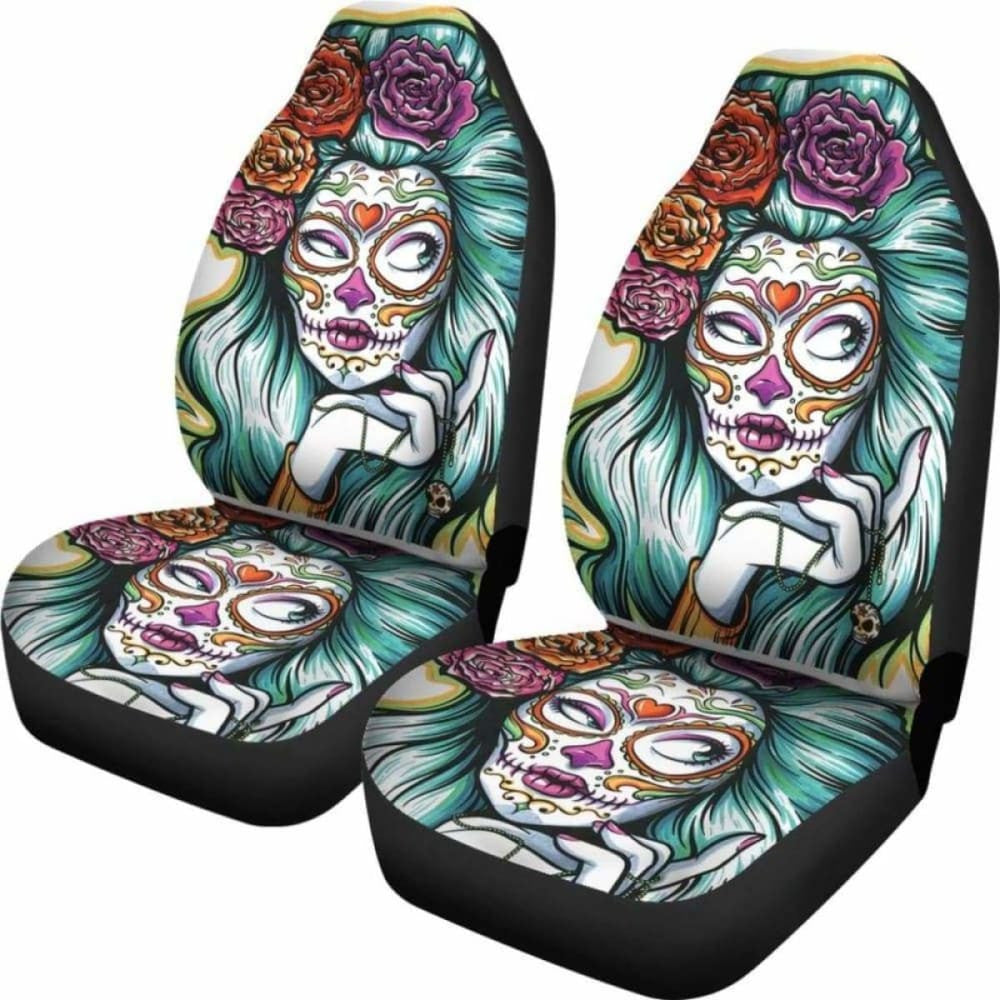 Set Day Of The Dead Car Seat Cover Sugar Skulls