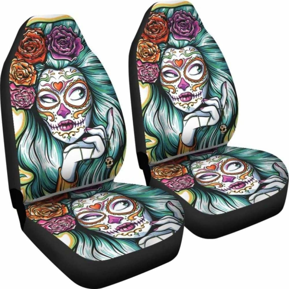 Set Day Of The Dead Car Seat Cover Sugar Skulls