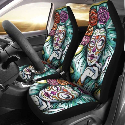 Set Day Of The Dead Car Seat Cover Sugar Skulls