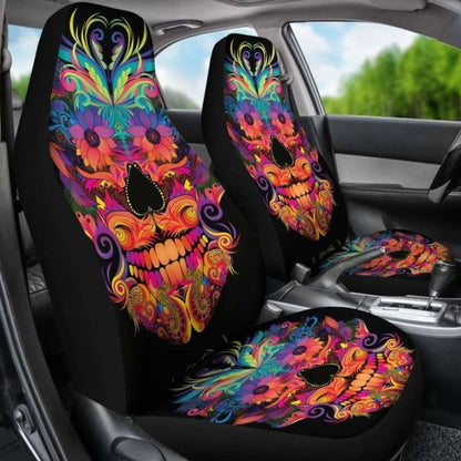 Set Of Colorful Sugar Skull Car Seat Covers