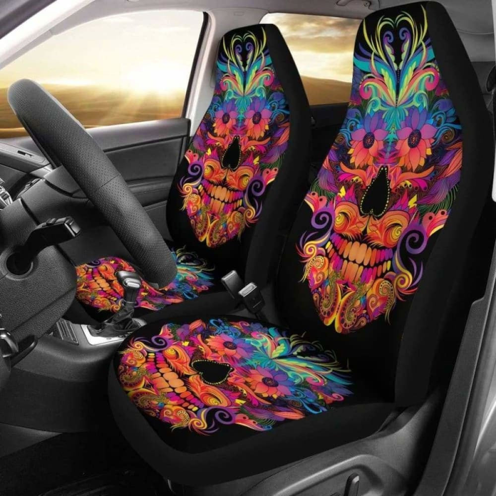 Set Of Colorful Sugar Skull Car Seat Covers