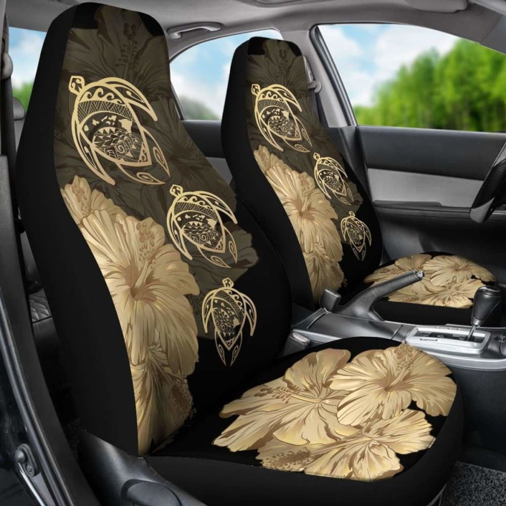 Hawaiian Map Turtle Hibiscus Gold Vintage Polynesian  Car Seat Covers - New