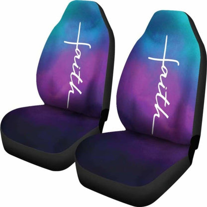 Faith Word Cross In White On Teal Blue, Purple And Black Ombre Car Seat Covers Religious Christian Themed