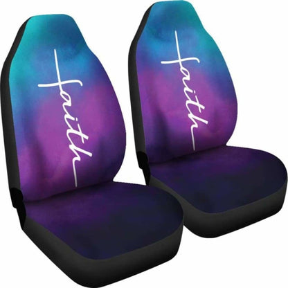 Faith Word Cross In White On Teal Blue, Purple And Black Ombre Car Seat Covers Religious Christian Themed