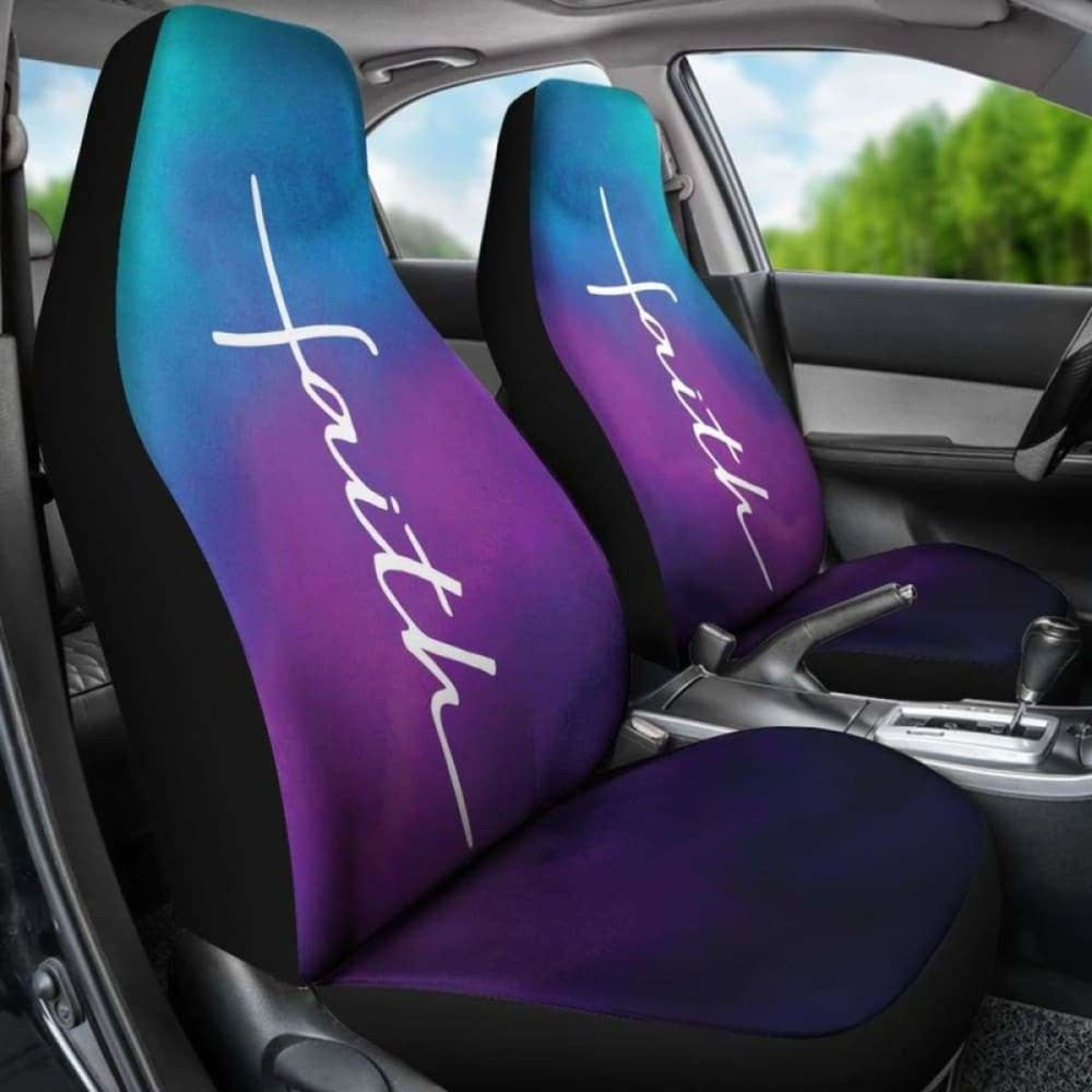 Faith Word Cross In White On Teal Blue, Purple And Black Ombre Car Seat Covers Religious Christian Themed