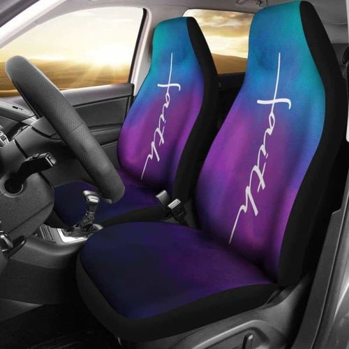 Faith Word Cross In White On Teal Blue, Purple And Black Ombre Car Seat Covers Religious Christian Themed