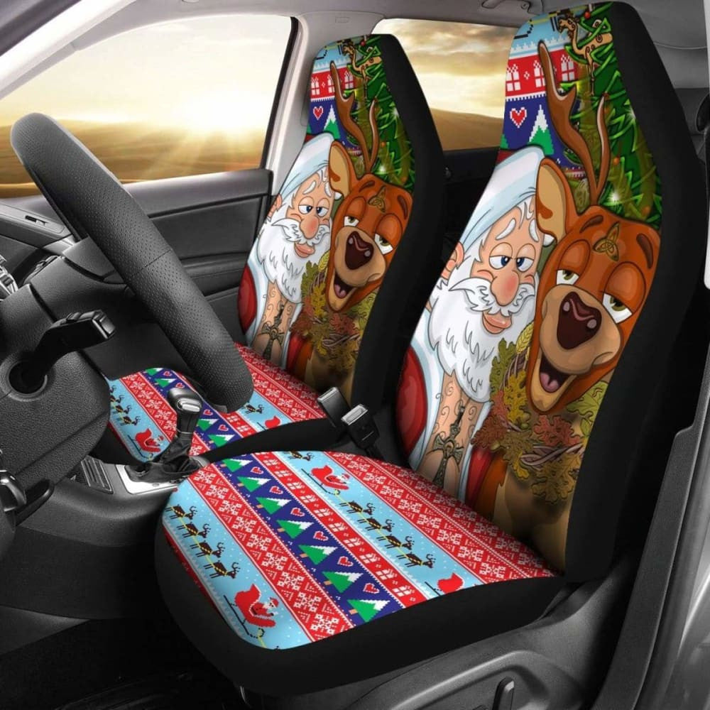 Celtic Style Merry Christmas Ugly Car Seat - Drunk Santa And Deer
