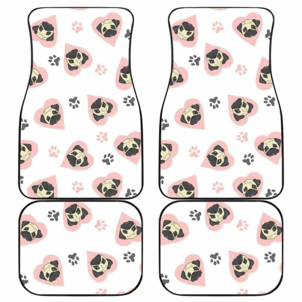 Cute Pugs Pink Heart Paw Pattern Front And Back Car Mats