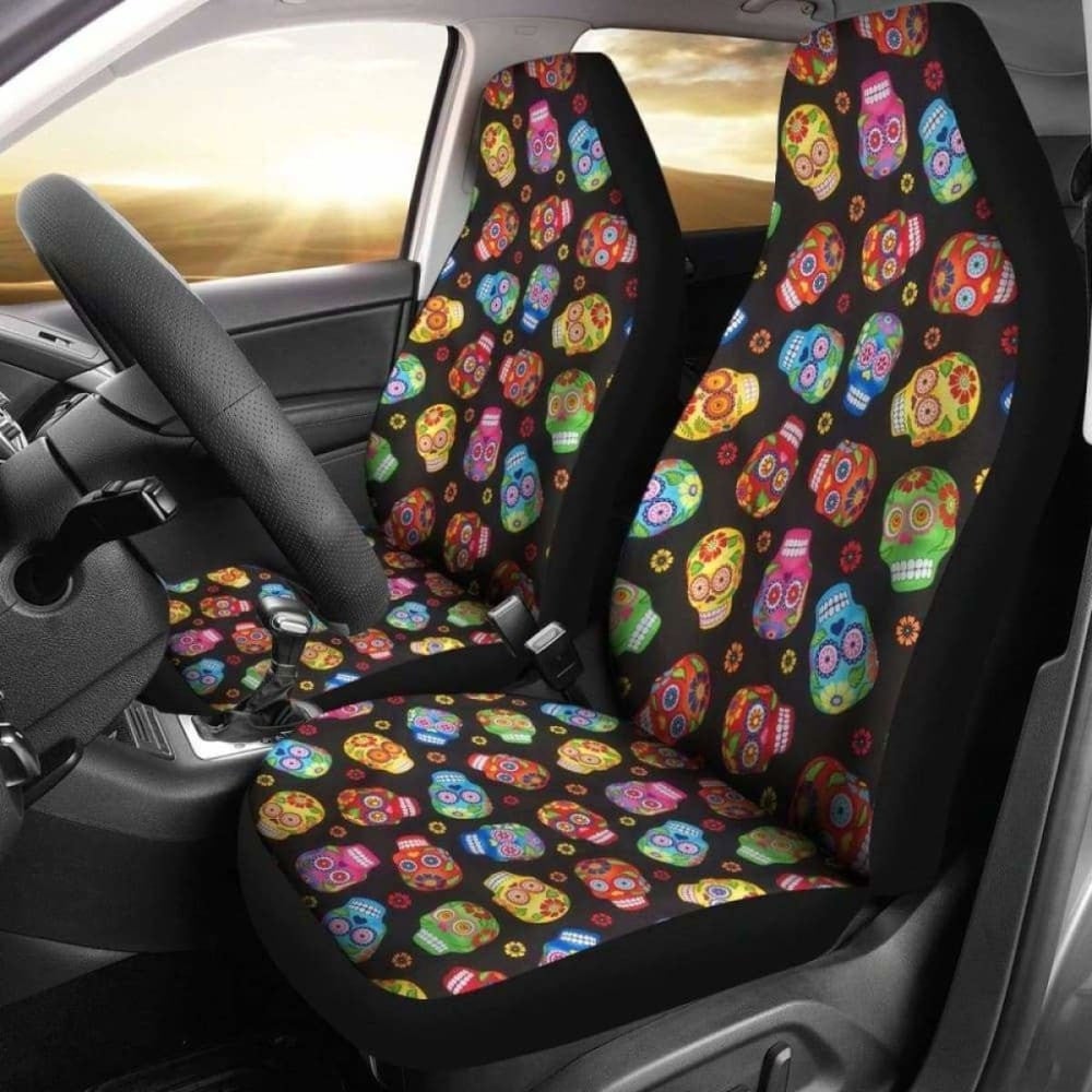 Set Pcs Floral Sugar Skull Day Of The Dead Skull Car Seat Covers