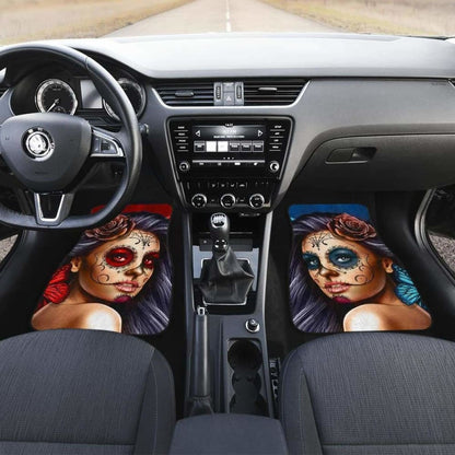 Calavera Girl Front and Back Car Floor Mats - Red and Blue