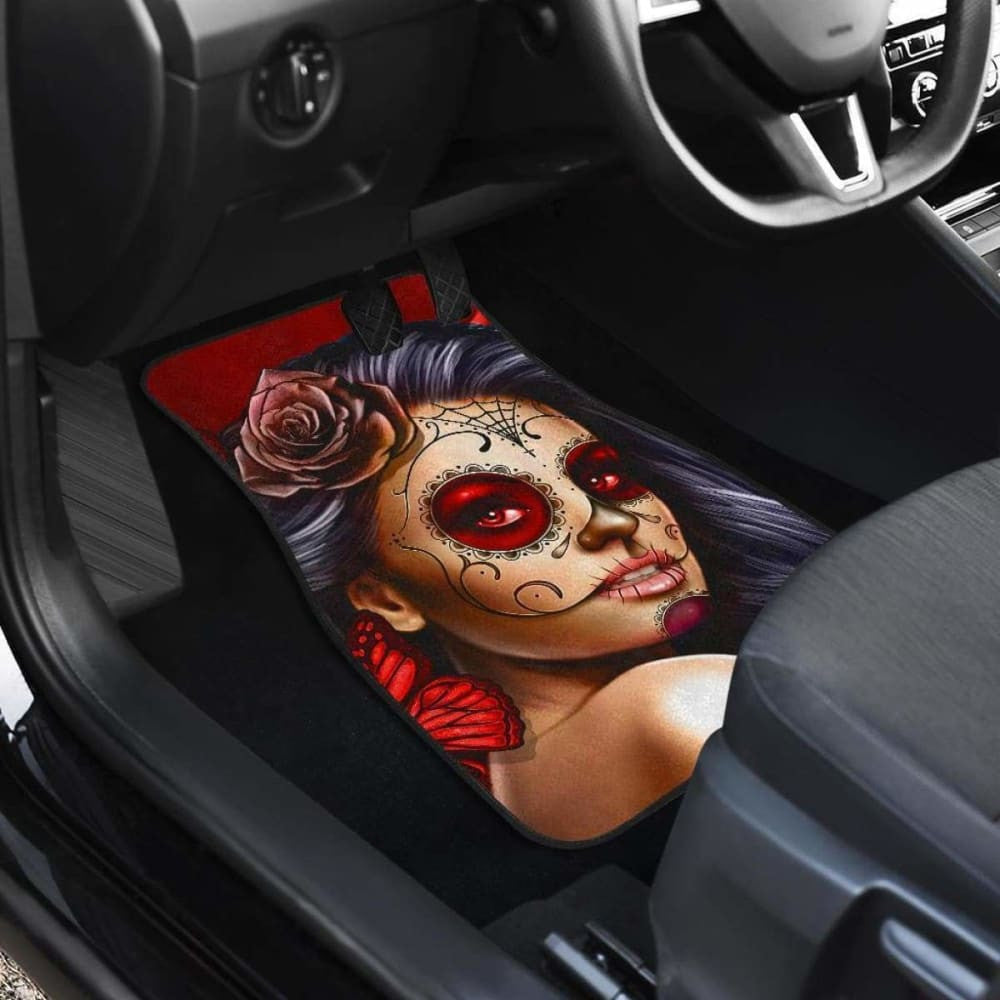 Calavera Girl Front and Back Car Floor Mats - Red and Blue