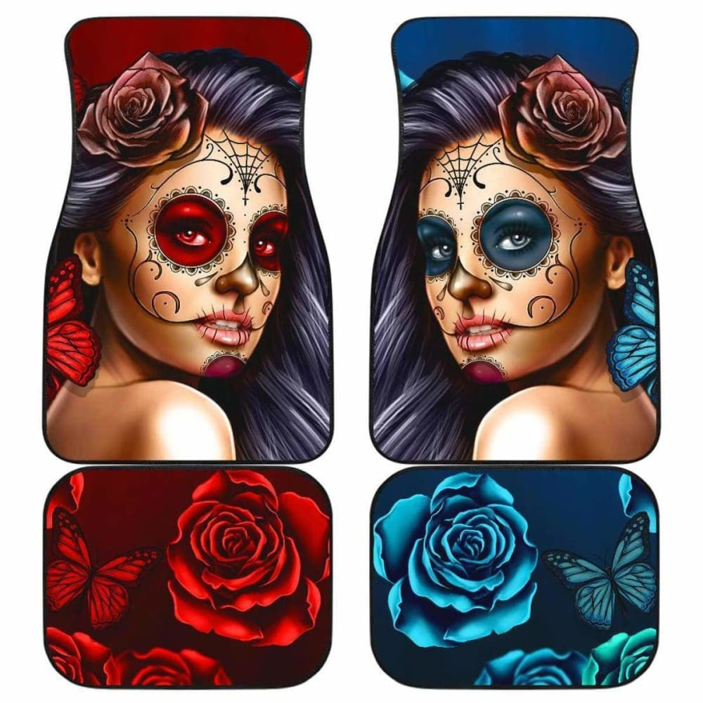 Calavera Girl Front and Back Car Floor Mats - Red and Blue