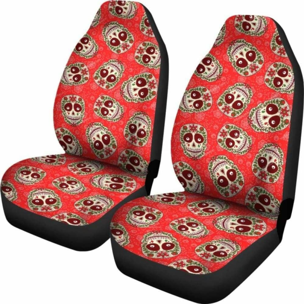Set Of Floral Sugar Skull Seat Covers - Day Of The Dead
