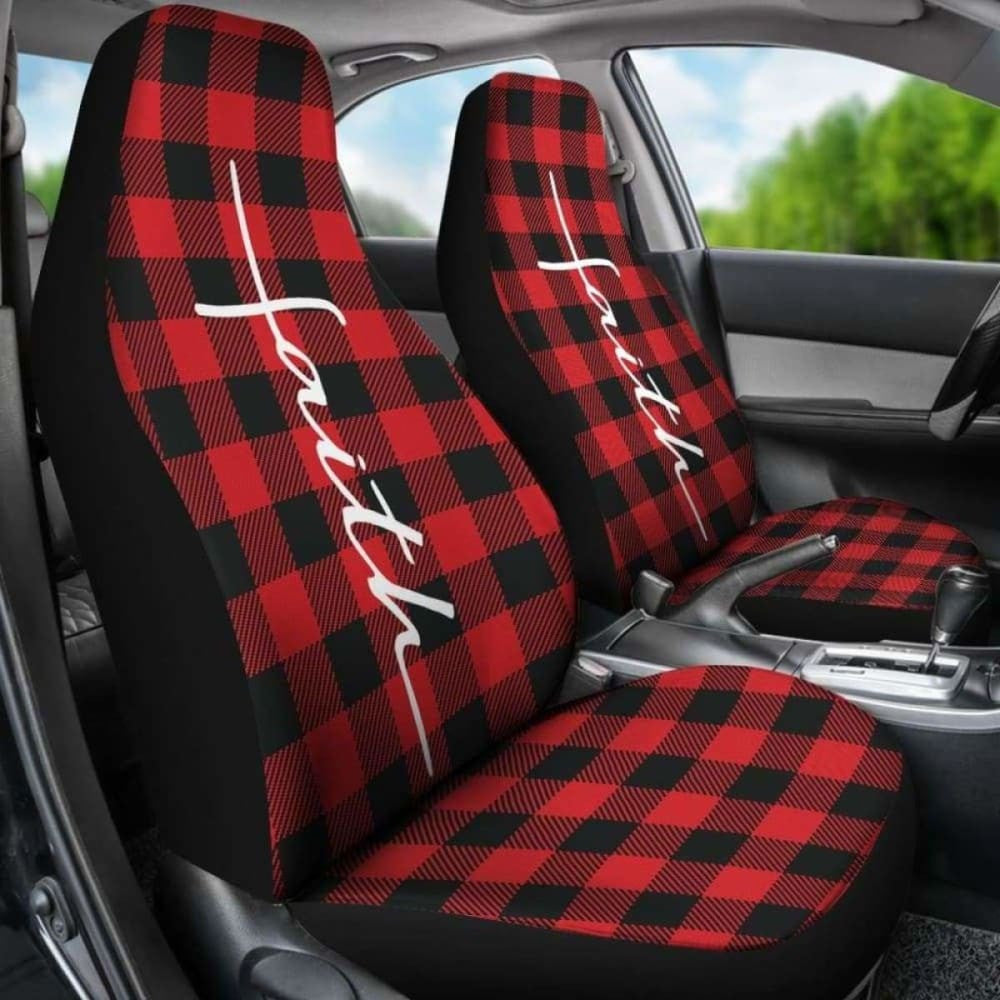 Faith Word Cross In White On Red Buffalo Plaid Car Seat Covers Religious Christian Themed