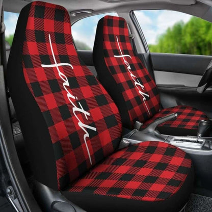 Faith Word Cross In White On Red Buffalo Plaid Car Seat Covers Religious Christian Themed