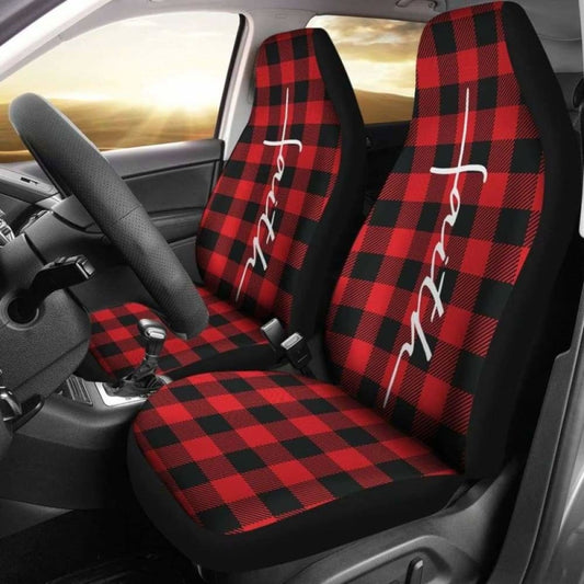 Faith Word Cross In White On Red Buffalo Plaid Car Seat Covers Religious Christian Themed