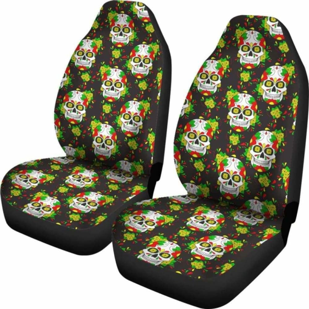 Set Of Floral Sugar Skull Day Of The Dead Car Seat Covers