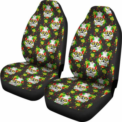 Set Of Floral Sugar Skull Day Of The Dead Car Seat Covers