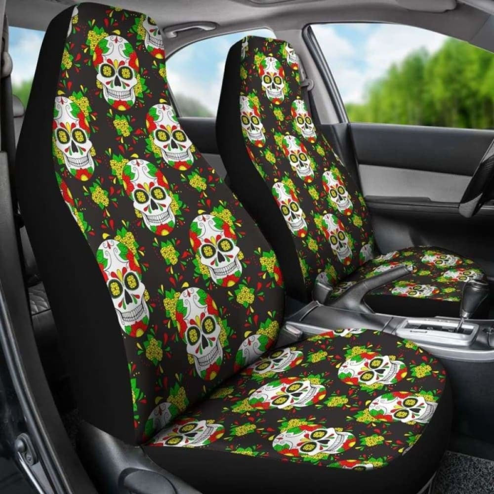 Set Of Floral Sugar Skull Day Of The Dead Car Seat Covers