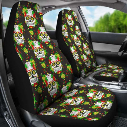 Set Of Floral Sugar Skull Day Of The Dead Car Seat Covers