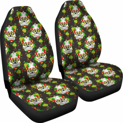 Set Of Floral Sugar Skull Day Of The Dead Car Seat Covers