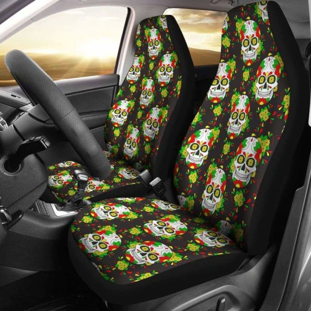 Set Of Floral Sugar Skull Day Of The Dead Car Seat Covers