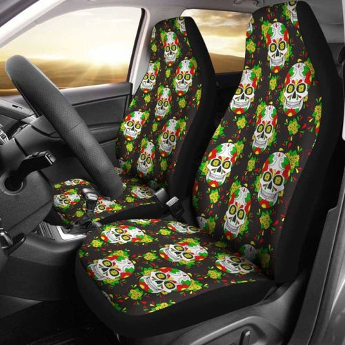 Set Of Floral Sugar Skull Day Of The Dead Car Seat Covers